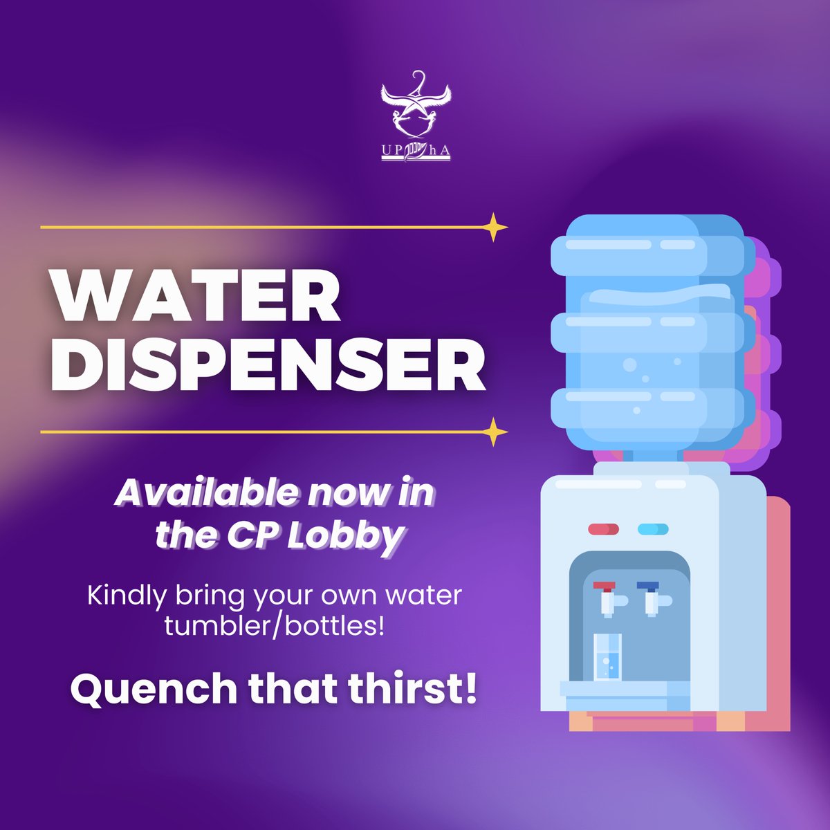 Feelin’ thirsty? We got you! 🤙🤙

𝙒𝙖𝙩𝙚𝙧 𝘿𝙞𝙨𝙥𝙚𝙣𝙨𝙚𝙧 𝙨𝙚𝙧𝙫𝙞𝙘𝙚𝙨 are once again available near the CP admin offices. Please bring your own water tumblers/bottles to minimize waste.

Drink your water, UPPhA! 😀

Pub by: Shaeena Gamboa
Caption by: Bianca Dela Cruz