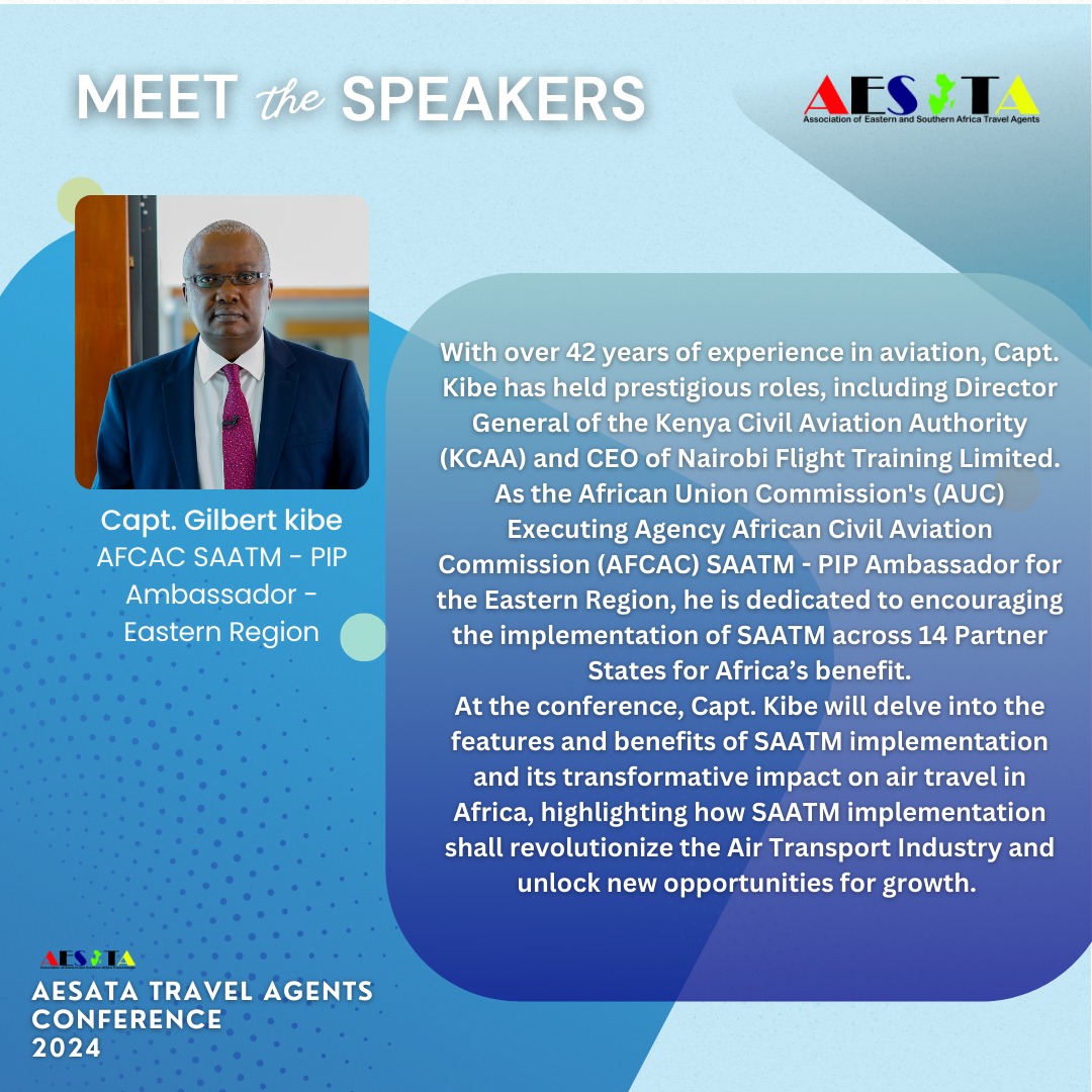 Excited to have Capt. Gilbert M. Kibe, SAATM-PIP Ambassador, speak at the AESATA Travel Agents Conference 2024 in Kigali! 🌍 With 42+ years in aviation, Capt. Kibe will highlight SAATM’s transformative impact on air travel across Africa. ✈️

Register: forms.gle/FeFQHguBG5zofe…