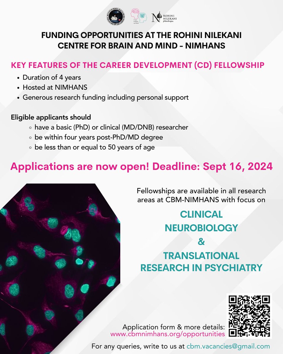 Rohini Nilekani Centre for Brain and Mind-NIMHANS (@cbmnimhans) on Twitter photo Applications are now open for the Career Development Fellowship at the Centre for Brain and Mind, NIMHANS.
🔗 Apply here: cbmnimhans.org/opportunities
Application deadline: 16 September 2024
#ResearchOpportunities #funding #fellowships #hiring
<a href="/mgl_nimhans/">Molecular Genetics Lab, NIMHANS</a> <a href="/NIMHANS_BLR/">NIMHANS, Bengaluru</a> Applications are now open for the Career Development Fellowship at the Centre for Brain and Mind, NIMHANS.
🔗 Apply here: cbmnimhans.org/opportunities
Application deadline: 16 September 2024
#ResearchOpportunities #funding #fellowships #hiring
<a href="/mgl_nimhans/">Molecular Genetics Lab, NIMHANS</a> <a href="/NIMHANS_BLR/">NIMHANS, Bengaluru</a>