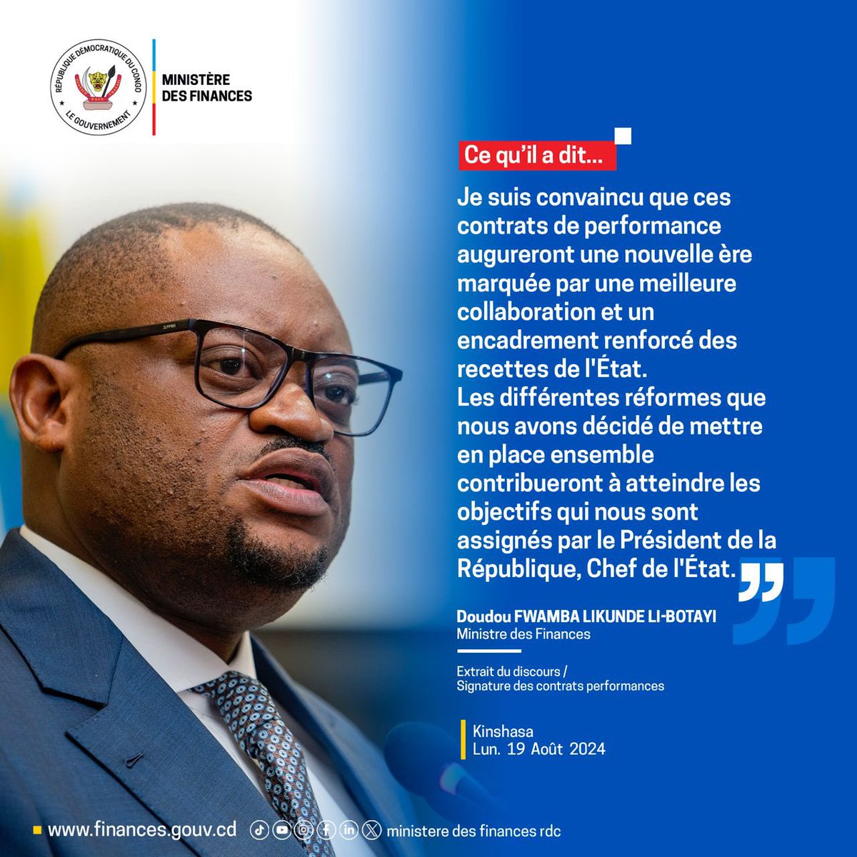 #RDC L'argentier national, au service du peuple, s'exprime avec sincérité, loin des discours formels.« Je suis persuadé que ces contrats de performance inaugureront une nouvelle ère, caractérisée par une collaboration accrue et une meilleure gestion des recettes de l'État. Les