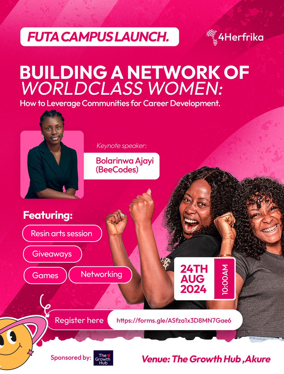 4HERFRIKA's tweet photo. Goodnews🥳🚀

FUTA Campus Launch is being sponsored by @thegrowthhub30  and the launch will be happening there! 🎊 

Join us this Saturday🎉 Let's celebrate the beginning of a new dawn 🌥️

Register now: https://t.co/djv3izPvPX

See you there!💪
#CampusLaunch https://t.co/Zc7ql4bJkq
