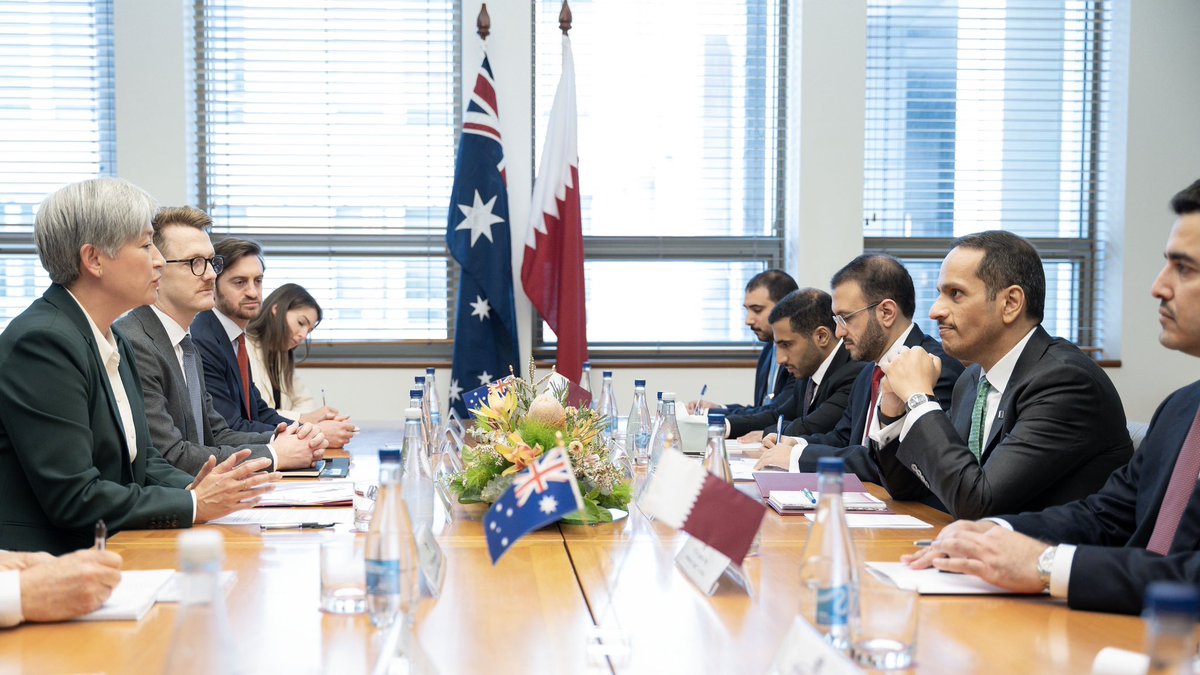 GulfTimes_QATAR's tweet photo. Prime Minister and Minister of Foreign Affairs said "Thank you for hosting me @SenatorWong,  Foreign Minister of #Australia. We discussed our partnerships in energy & economy, & our positions on int’l peace & #security_issues, specifically #Gaza, reflecting our shared desire to advance our relations to #broader horizons.@MBA_AlThani_