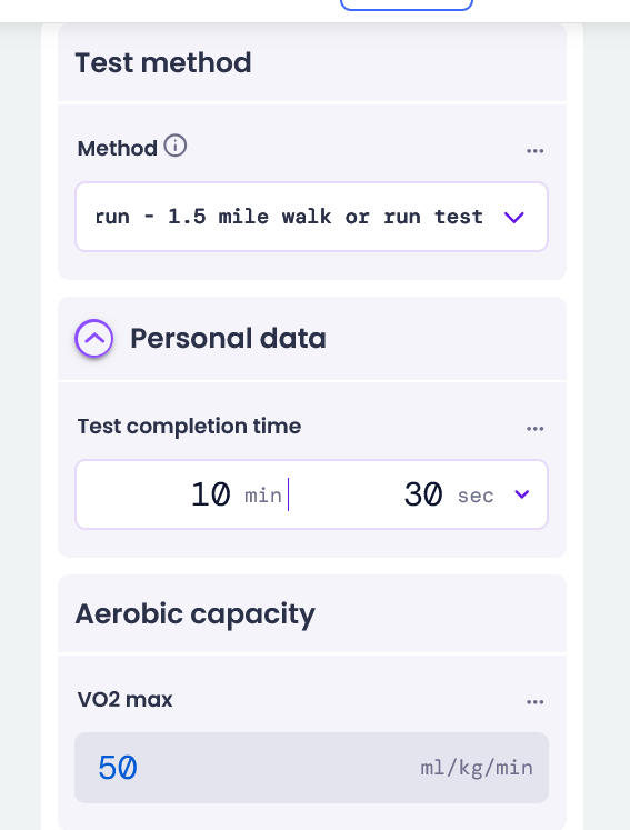 GuruAnaerobic's tweet photo. VO2max Calculator. 

Based on 1.5mile run.

5min mile pace - 68ml/kg/min
5.30 mile pace - 62ml/kg/min
6 min mile pace - 57ml/kg/min
6.30 mile pace - 53ml/kg/min
7min mile pace - 50ml/kg/min
7.30 mile pace - 46ml/kg/min
8min mile pace - 44ml/kg/min
8.30 mile pace - 41ml/kg/min
9min mile pace - 39ml/kg/min
9.30 mile pace - 37ml/kg/min
10min mile pace - 36ml/kg/min

https://t.co/WkZmNCcplC