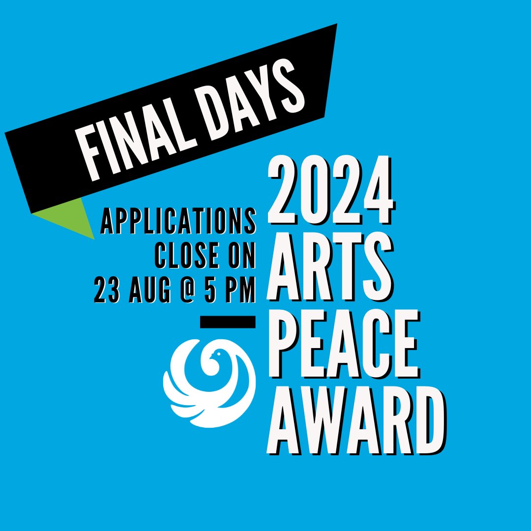 𝐅𝐈𝐍𝐀𝐋 𝐃𝐀𝐘𝐒: Apply 2024 Arts Peace Award ($10,000) artspeacefoundation.org/grants-awards/…
𝐀𝐩𝐩𝐥𝐢𝐜𝐚𝐧𝐭𝐬: Oz individuals and organisations
𝐆𝐫𝐚𝐧𝐭 𝐀𝐦𝐨𝐮𝐧𝐭: $10,000
𝐀𝐩𝐩𝐥𝐢𝐜𝐚𝐭𝐢𝐨𝐧𝐬 𝐜𝐥𝐨𝐬𝐞: 5 pm (ACDT), Friday 23 August
#arts #peace #humanrights #socialjustice