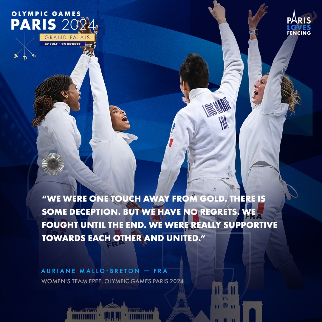 FIE_fencing's tweet photo. Echoes of #Paris2024

Team France 🇫🇷 earned an Olympic medal in the women’s team epee event for the first time in 20 years!🤺🥈 

@ffescrime @EquipeFRA @paris2024 @olympics
#olympics #olympicgames #olympicfencing #paris2024 #epee https://t.co/BSJEyfIFn0