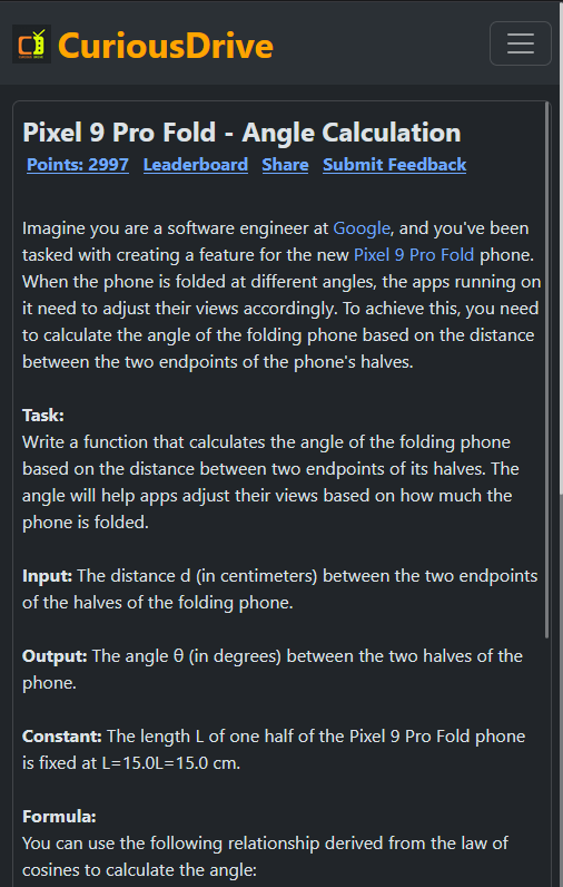 curious_drive's tweet photo. Calculate the angle of the Google Pixel 9 Pro Fold phone based on endpoint distance to help apps adjust their views for optimal user experience.

https://t.co/1WsBFZqhep

@GooglePixel_US @Google #coding #problem https://t.co/K6QyFVikIY