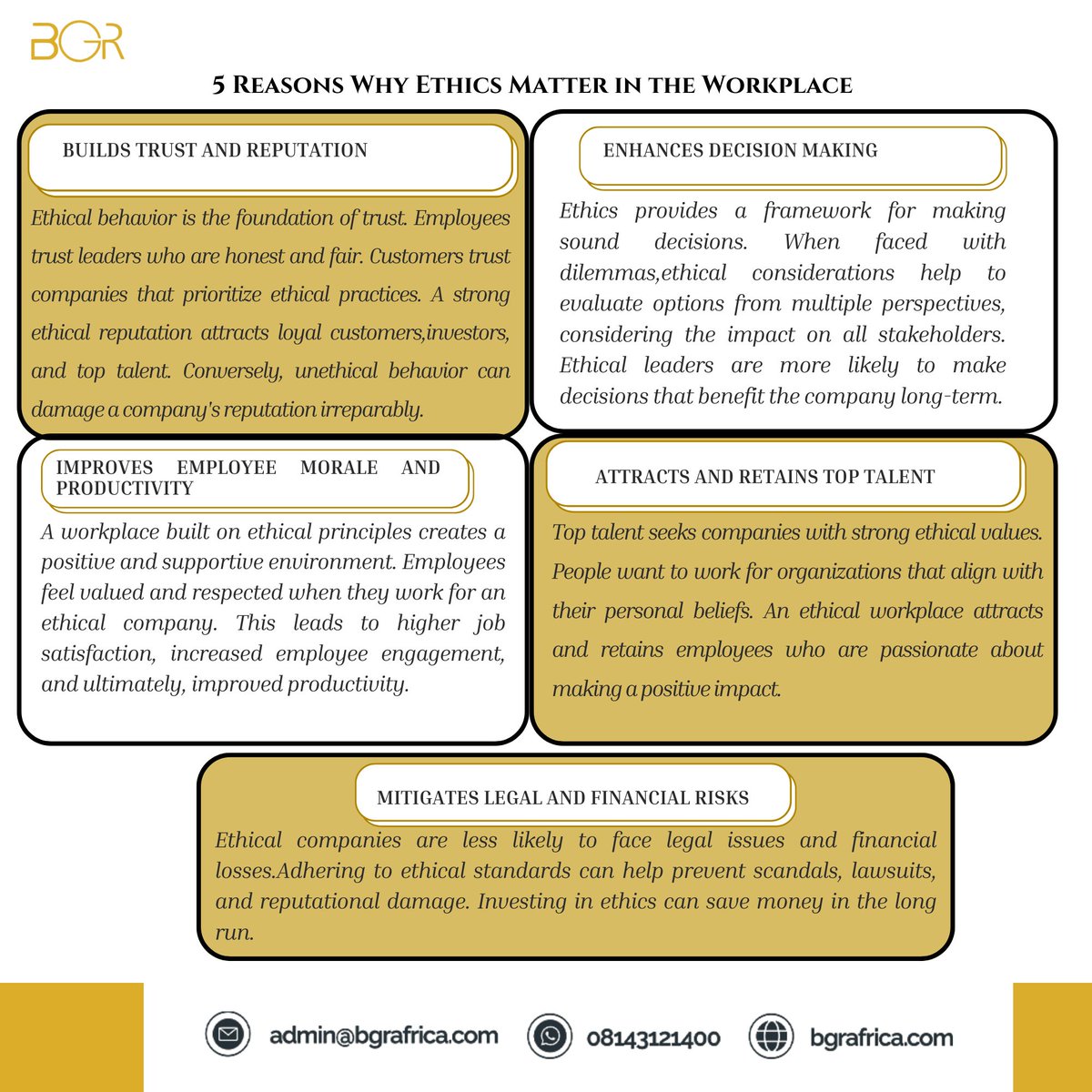 bgr_africa's tweet image. Ethics is the core of every successful business. This week, let's focus on creating a legacy built on trust, respect, and meaningful impact. Who’s with me?

#BGR #EthicalBusiness #IntegrityMatters #MoralLeadership #BusinessSuccess #CorporateResponsibility #ConsciousCapitalism