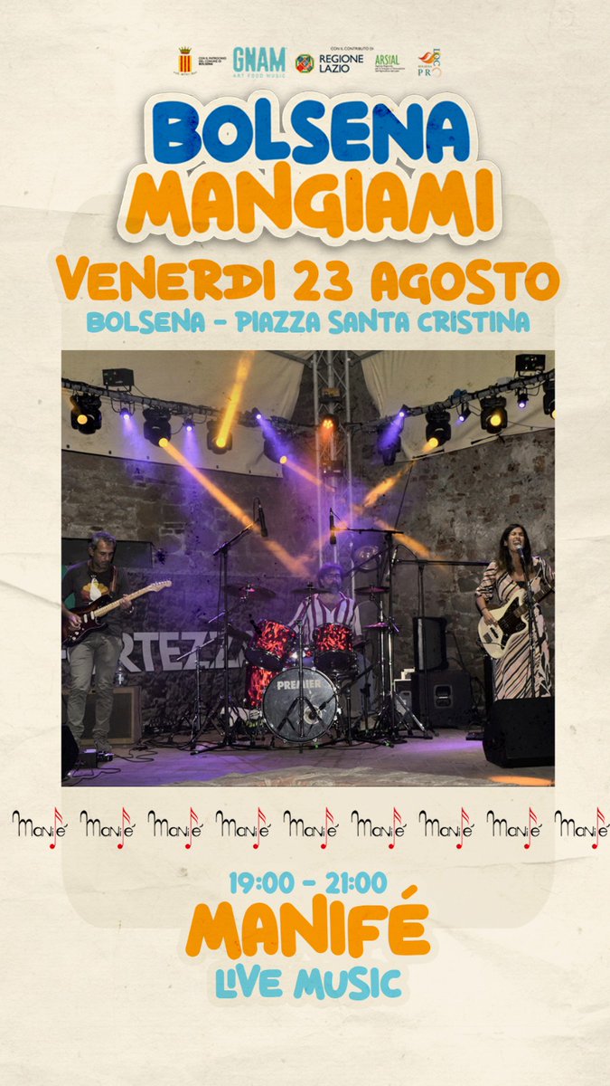VisitBolsena's tweet photo. MANIFE' LIVE MUSIC P.zza S. Cristina ore 19.00/21.00 https://t.co/v8duFVTVai https://t.co/o4funP7fEM