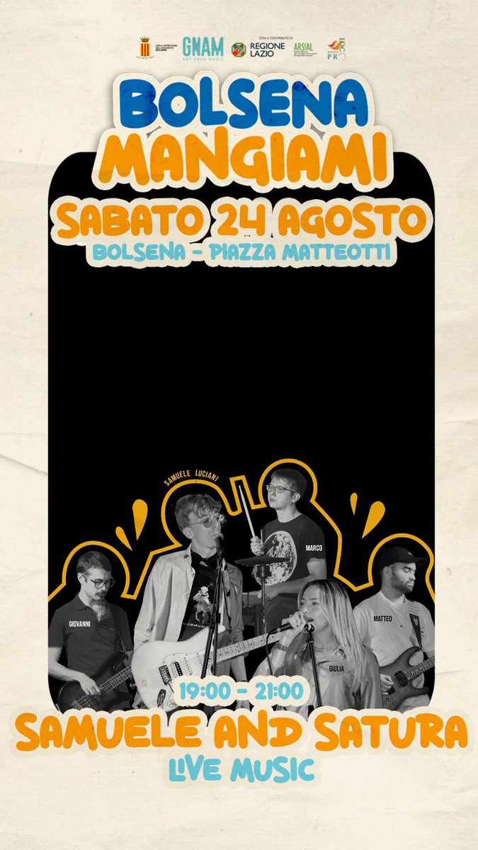 VisitBolsena's tweet photo. SAMUELE AND SATURA Piazza Matteotti ore 19.00/21.00 https://t.co/qti7Bz8NXr https://t.co/U9whMyzQOF