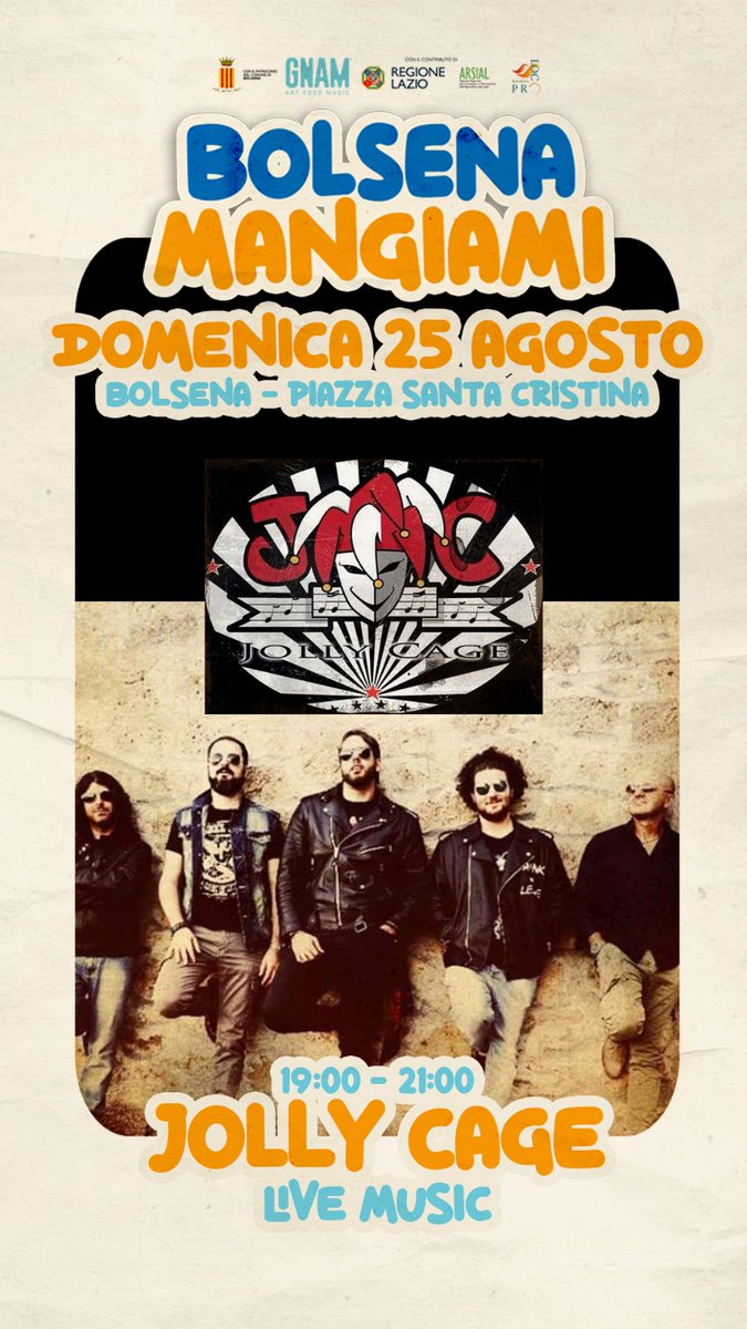 VisitBolsena's tweet photo. JOLLY CAGE LIVE MUSIC P.zza S.Cristina ore 19.00/21.00 https://t.co/gpoBSxWTbY https://t.co/BUZo50fmIr