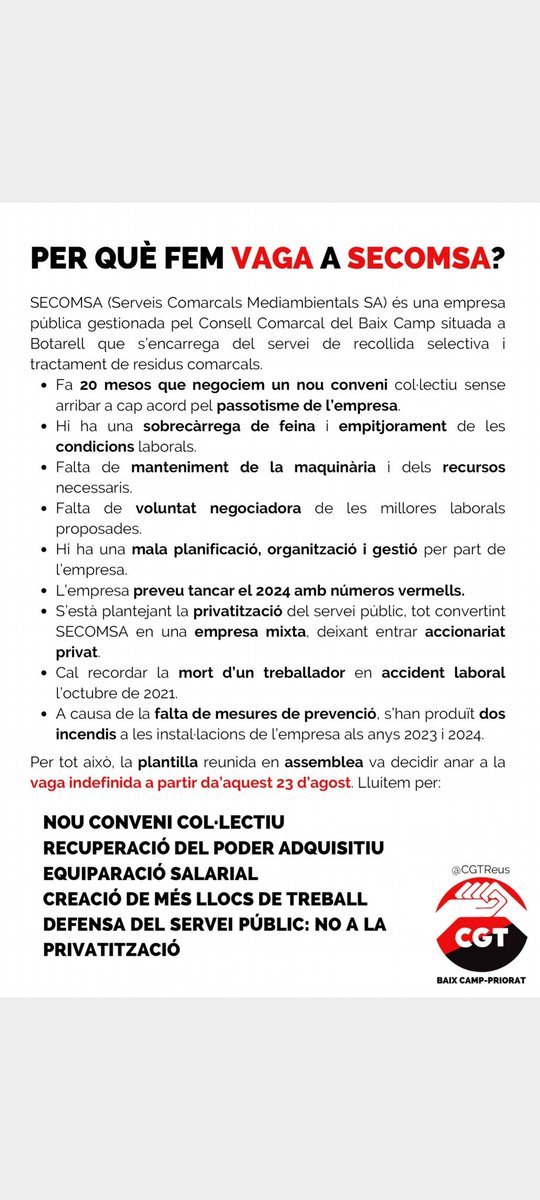 CGTReus's tweet photo. 🔥 Incendis a la planta, accidents laborals, passotisme empresarial en les negociacions del nou conveni durant 20 mesos, sobrecàrrega de feina, empitjorament de les condicions laborals...
✊🏽 La plantilla de #SECOMSA ho té clar i aquest divendres 23 comença una vaga indefinida! https://t.co/E2CDA0iKCp