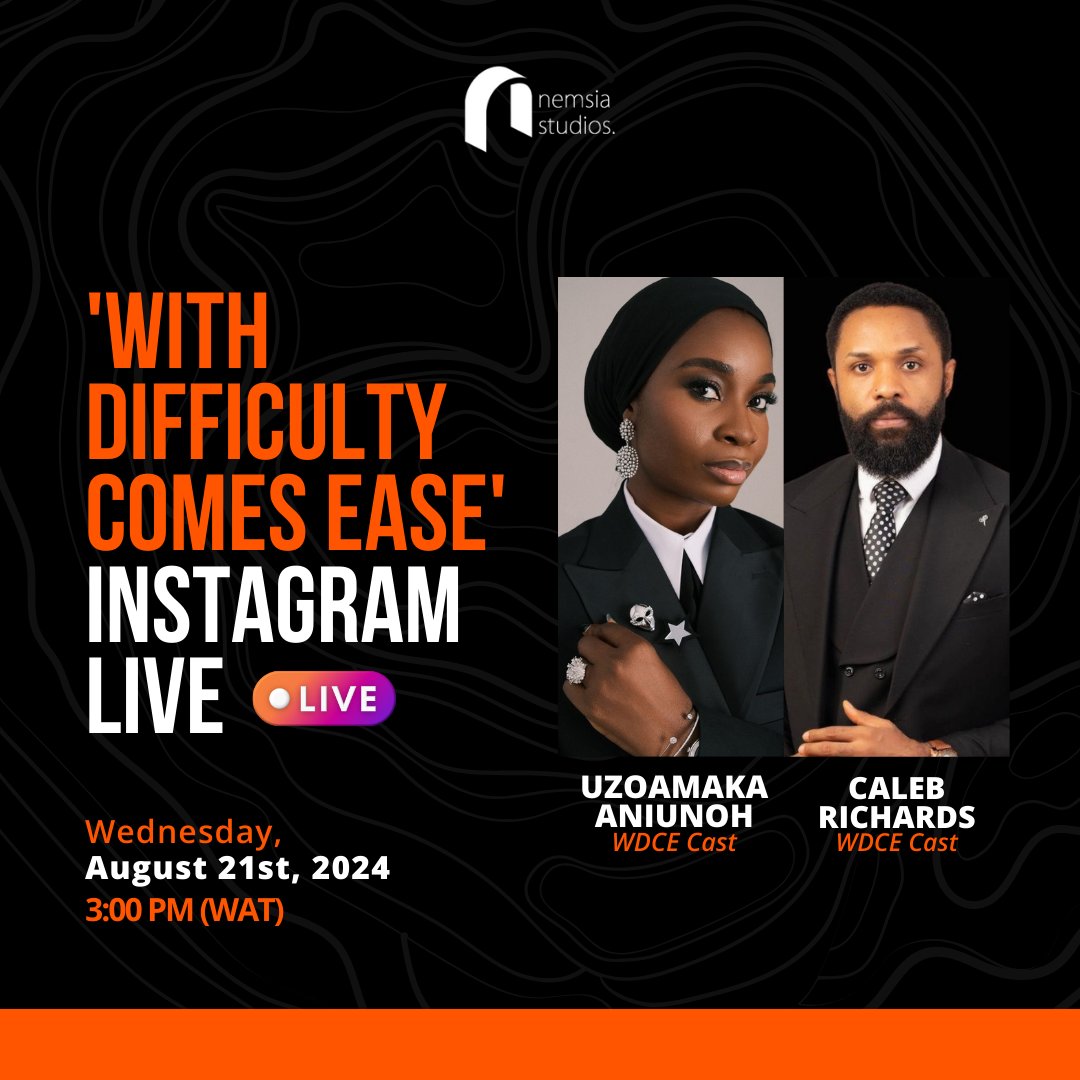 NemsiaStudios's tweet photo. Don’t miss our exclusive Instagram Live with the amazing 'With Difficulty Comes Ease' stars, Uzoamaka Aniunoh and Caleb Richards! 📽️🎉
On Wednesday, August 21st at 3:00 PM (WAT), we’ll be sharing stories from the making of this incredible film with these stars.
#WDCE https://t.co/v0eR12Abte