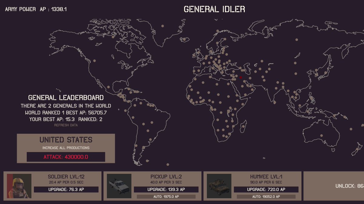 FINALLY! my #GMTK24 submission!
-GENERAL IDLER-
danardev.itch.io/generalidler-g…
I love Idle game , so this jam will be a good start to learn the logic and mathematical balance, saying that your feedback is very important to me to improve the game, Please rate the game.
#gmtkgamejam #GMTK