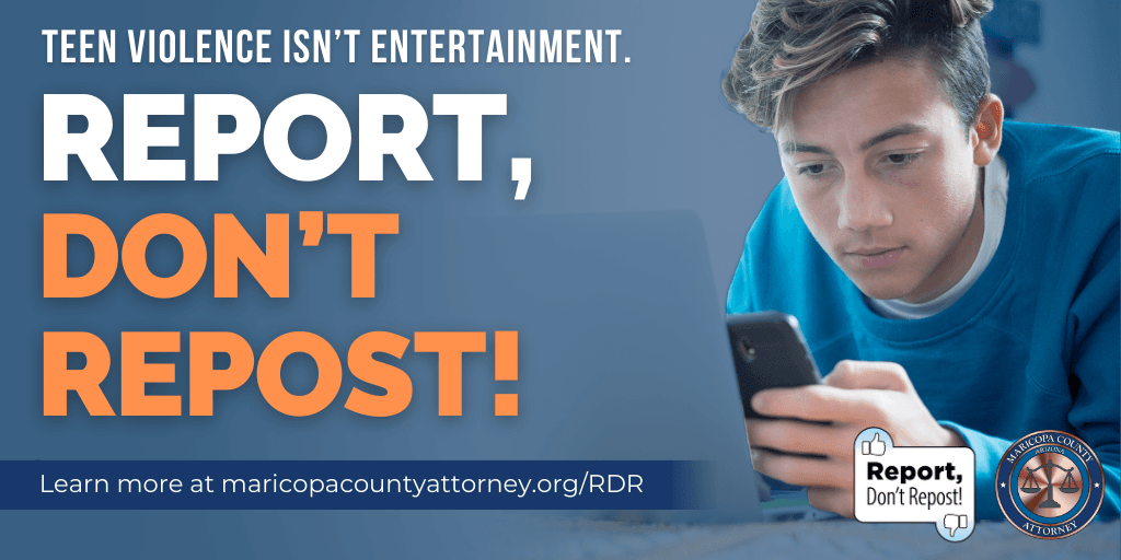 ASUPolice's tweet photo. Posting videos of teen fights only feeds the cycle of violence. If you come across a video of #TeenViolence; report it, don't repost it. Make a call to local law enforcement. Learn more at https://t.co/oztI5lQYOO #ReportDontRepost https://t.co/BMmZ1tFqgJ