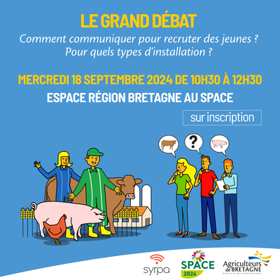 <a href="/SPACERennes/">SPACE</a> <a href="/AMQuemener/">Anne Marie QUEMENER</a> La journée du mercredi 18 septembre sera riche en événements :
➡️ Le Grand Débat, à partir de 10h30, avec <a href="/SYRPAcom/">SYRPA</a>  et le SPACE, sur le thème : "Comment communiquer pour recruter les jeunes ? Pour quels types d’installation ?" (espace Bretagne). …ulteurs-de-bretagne.helium-connect.fr/pl/fid/665ecdc…