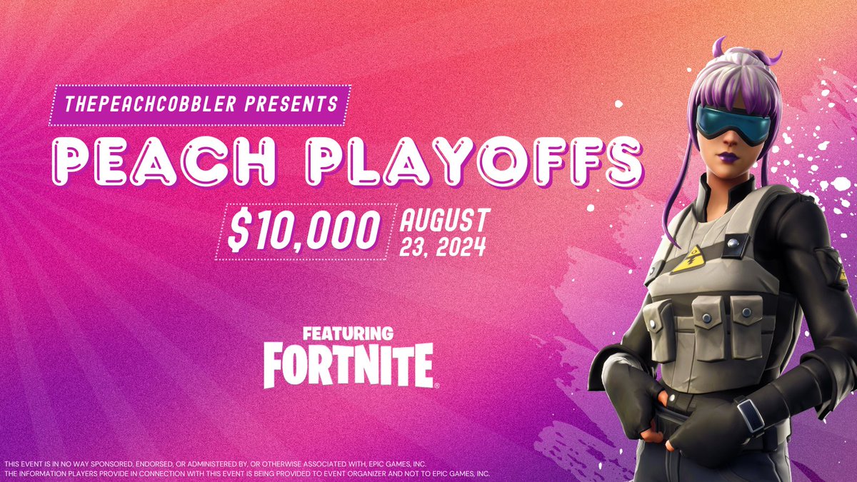Peach (@thypeachcobbler) on Twitter photo Introducing the $10,000 Peach Playoffs🍑featuring <a href="/FortniteGame/">FortniteGame</a>🥰
📆Friday August 23rd @ 5PM ET
⛔️5 SQUAD Zero Build NAC Matches
💵$10,000 Prize Pool
👫Squads (2 Girls x 2 Guys; Max 1 FNCS Grand Finals Player per team)
Who wants to play!?!? Comment down below! #EpicPartner Introducing the $10,000 Peach Playoffs🍑featuring <a href="/FortniteGame/">FortniteGame</a>🥰
📆Friday August 23rd @ 5PM ET
⛔️5 SQUAD Zero Build NAC Matches
💵$10,000 Prize Pool
👫Squads (2 Girls x 2 Guys; Max 1 FNCS Grand Finals Player per team)
Who wants to play!?!? Comment down below! #EpicPartner