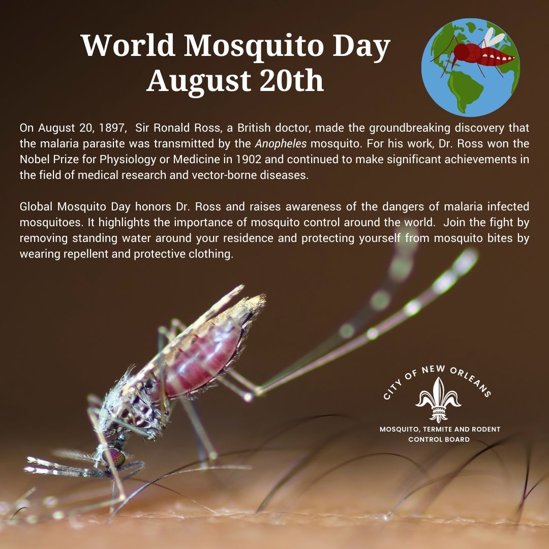 It's World Mosquito Day!  Here is a little background on the day-remember, to prevent mosquito bites it is important to remove standing water and wear repellent/protective clothing. #MosquitoControl #WorldMosquitoDay