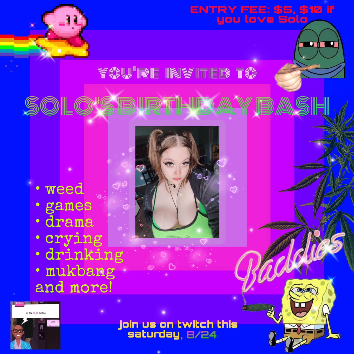 SoloQQ420's tweet photo. Pls save the date 💚 my bday party is on Saturday 8/24 starting around 2pm ish!! 👉$5 entry fee 👈 https://t.co/J7Hnp4ILDB