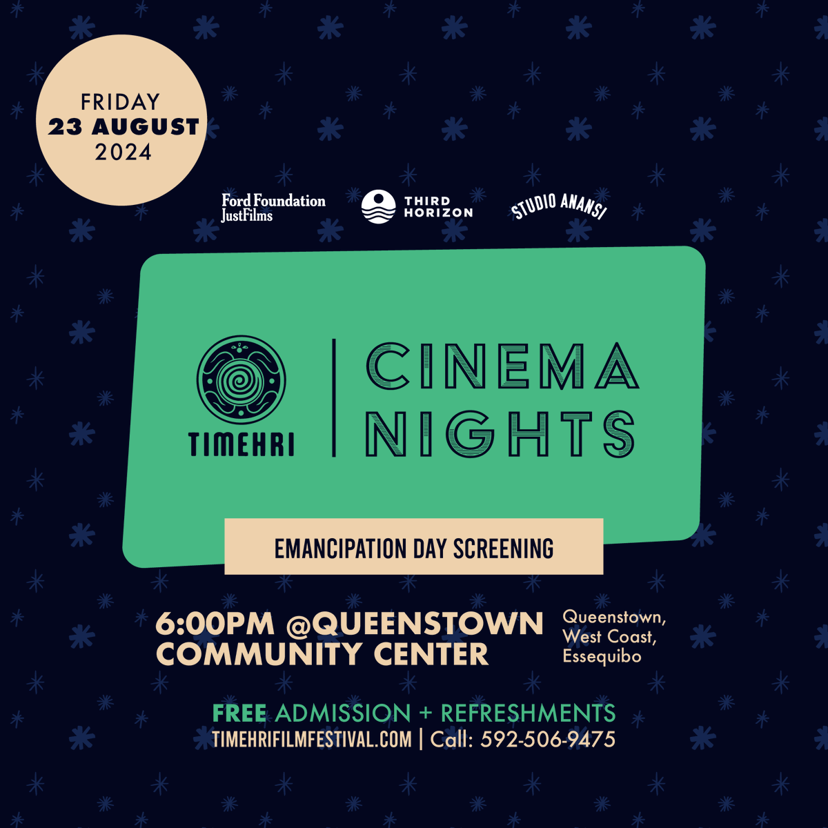 #TimehriCinemaNights returns,this time we’re in Essequibo in honor of #EmancipationDay On  August 23 at 6pm, for an evening filled with three immersive films made by Caribbean filmmakers. 

Admission is FREE w/ Refreshments.

 West Coast, Essequibo Queenstown Community Center