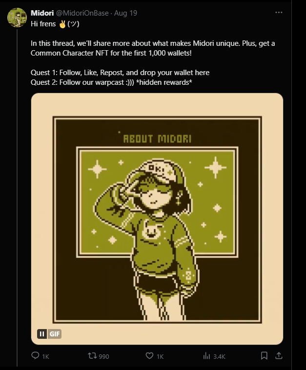 Hi frens, we had no idea! 
Out of nowhere, Midori's follower count increased to 1,000 in only a couple of days! 🤯
Keep in your mind that Midori appreciates your support 🥰
We will go to work on processing the first 1,000 wallet addresses ASAP!