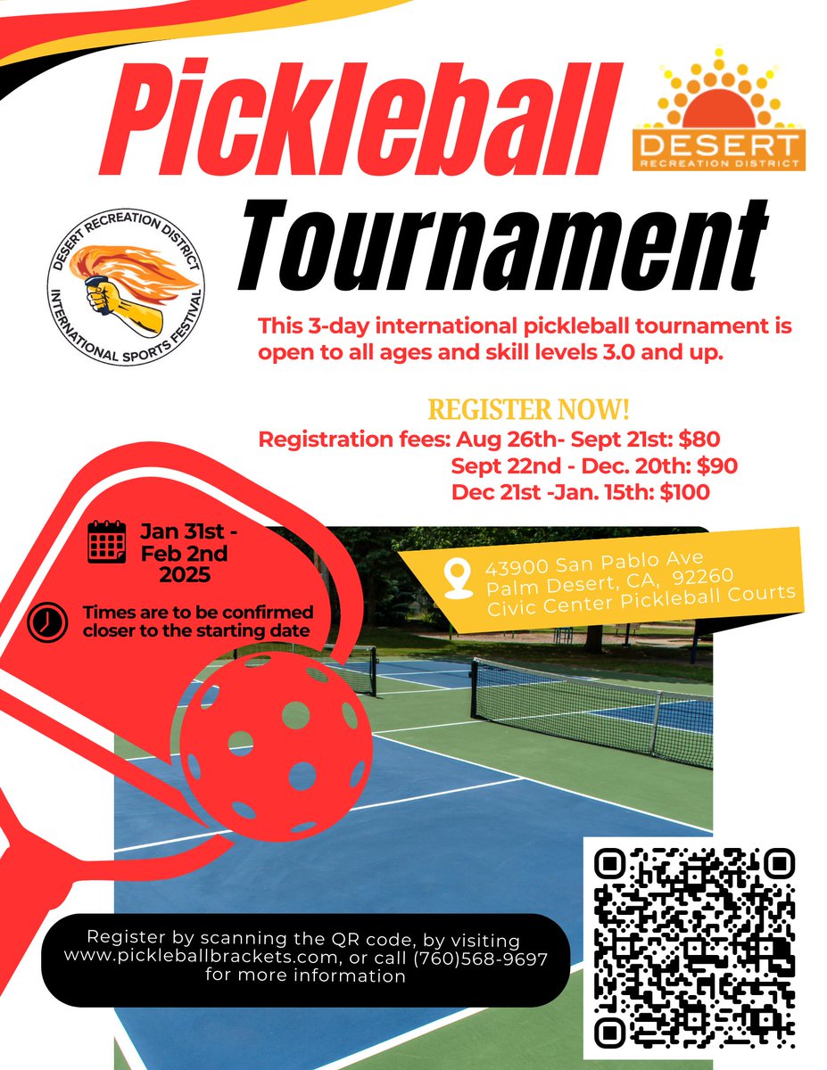 Sign up our Pickleball Tournament, this 3-day international pickleball tournament is open to all ages and skill levels.
Fees:
Aug 26th- Sept 21st: $80
Sept 22nd - Dec. 20th: $90
Dec 21st -Jan. 15th: $100
Register by scanning the QR code, by visiting
pickleballbrackets.com/ptd.aspx?eid=7…
