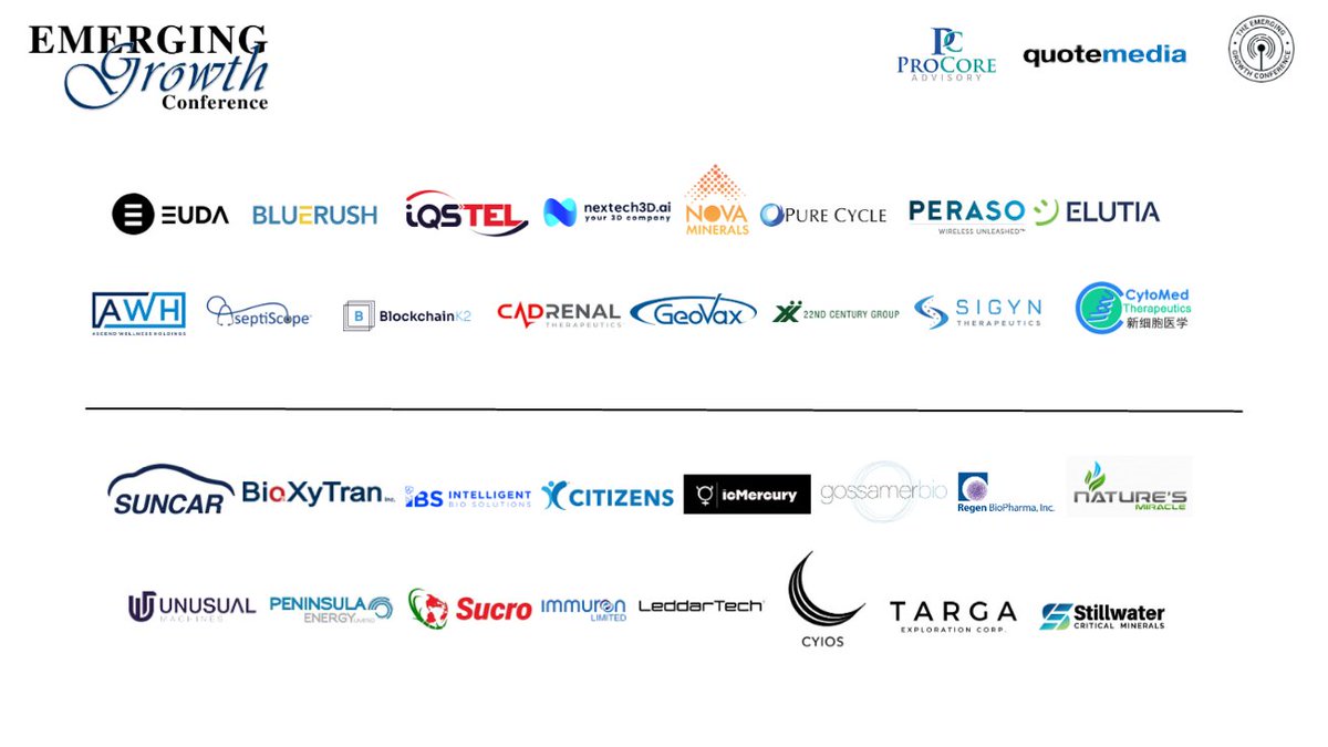 EmergingGrowthC's tweet photo. Emerging Growth Conference 74 starts Tomorrow.

Register to stream live:
https://t.co/xobQIytMlk

Questions for the CEO's
Questions@EmergingGrowth.com

To Present on a future Conference:
Conference@EmergingGrowth.com
305-330-1985

Companies presenting tomorrow:
$EUDA
$BTVRF $BTV
$IQST
$NEXCF $NTAR
$NVA $NVAAF
$PCYO
$PRSO
$ELUT
$AAWH
AseptiScope
$BIDCF $BITK
$CVKD
$GOVX
$XXII
$SIGY
$GDTC