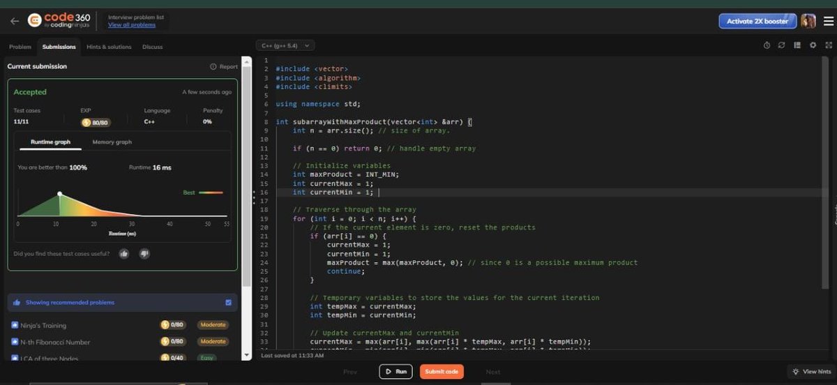 Nisha320289's tweet image. 🚀day29 of #100daysofcodingchallenge!✨
✅ maximum product subarray!!
#leetcode
#codingninja
#dsa 
#programming
#CodingJourney