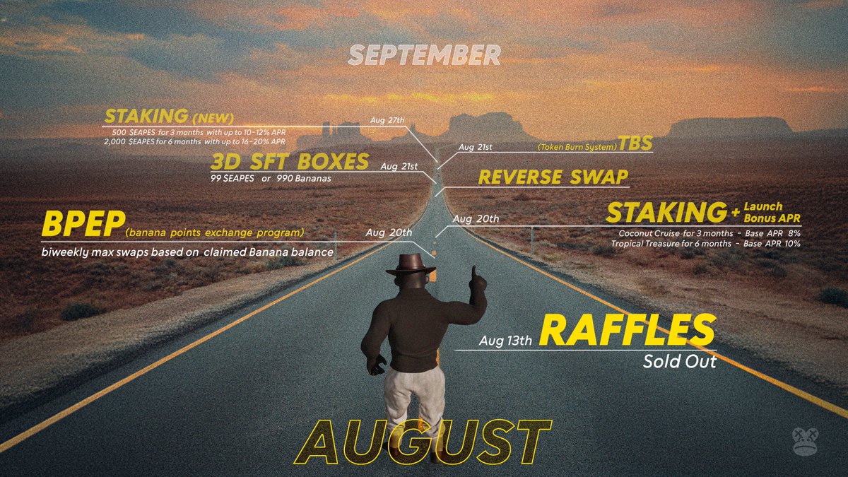 #EAPES is buzzing 🚀

Current &amp; upcoming launches include:
🎟️ Monkey Madness - prizes drawn Aug 16
🥩 Fixed Term Staking Pools - open
🪙 BPEP - open
📦 Release 2B 3D SFT Boxes - Aug 21
🥩 Staking (direct 🍌->$EAPES) - Aug 27

Details on Discord: cutt.ly/GebZOXao

$EAPES