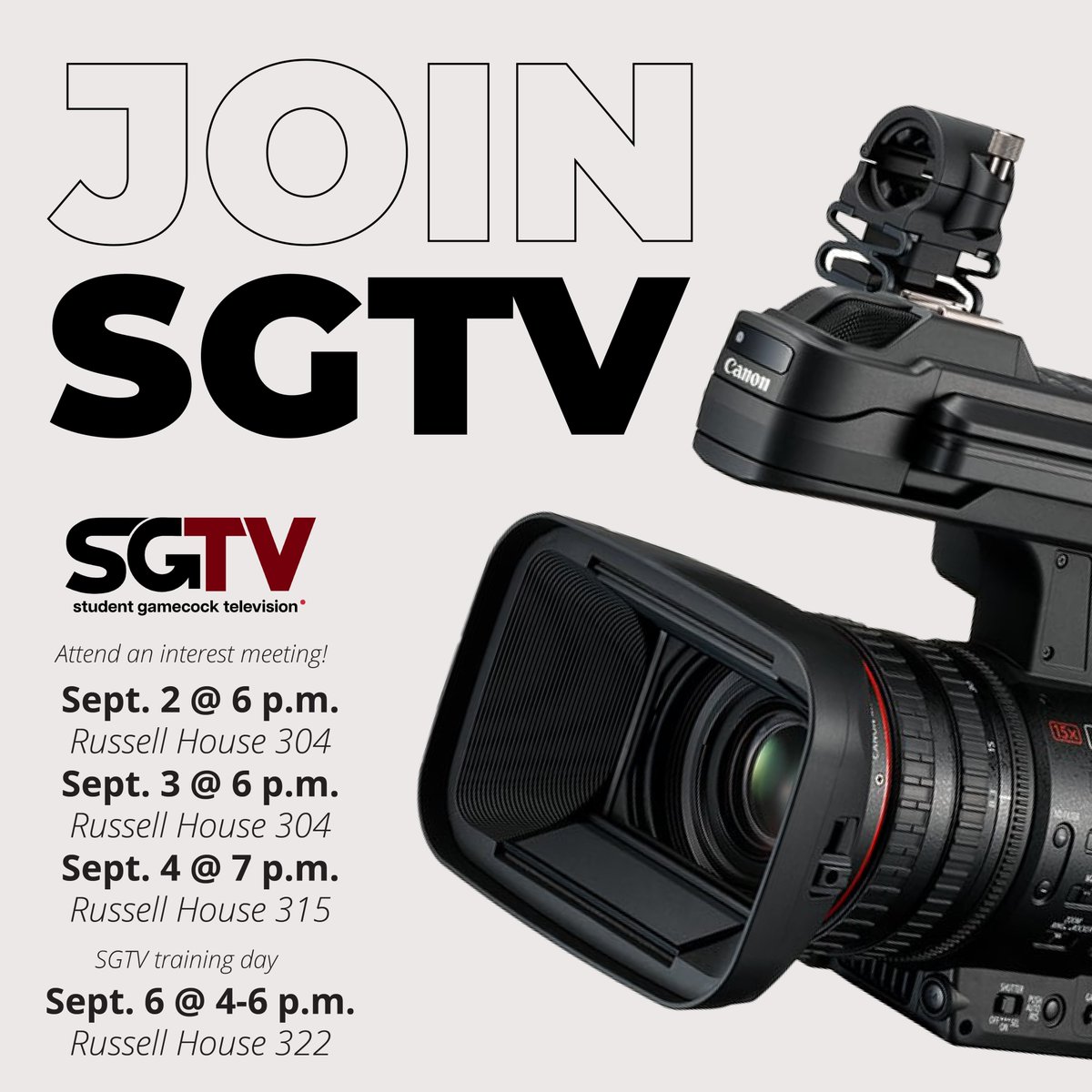 Have in interest in all sorts of media?

Join USC’s student-run television station! Learn more about SGTV and how to get involved at one of our upcoming interest meetings 🎬

Sept. 2 @ 6-7 p.m. Russell 304
Sept. 3 @ 6-7 p.m. Russell 304
Sept. 4 @ 7-8 p.m. Russell 315