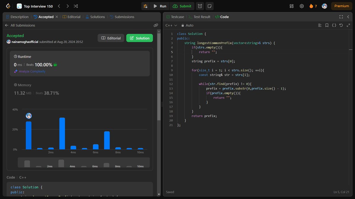 mogha_naina's tweet photo. Just solved the Longest Common Prefix problem on LeetCode with a 100% runtime performance! 🚀

Optimized my C++ code to achieve a 0ms runtime, making it faster than 100% of submissions. Hard work pays off! 💻🔥

#Coding #Cplusplus #Programming #Tech #ProblemSolving 
@LeetCode  @X https://t.co/A64Ou0gaQM