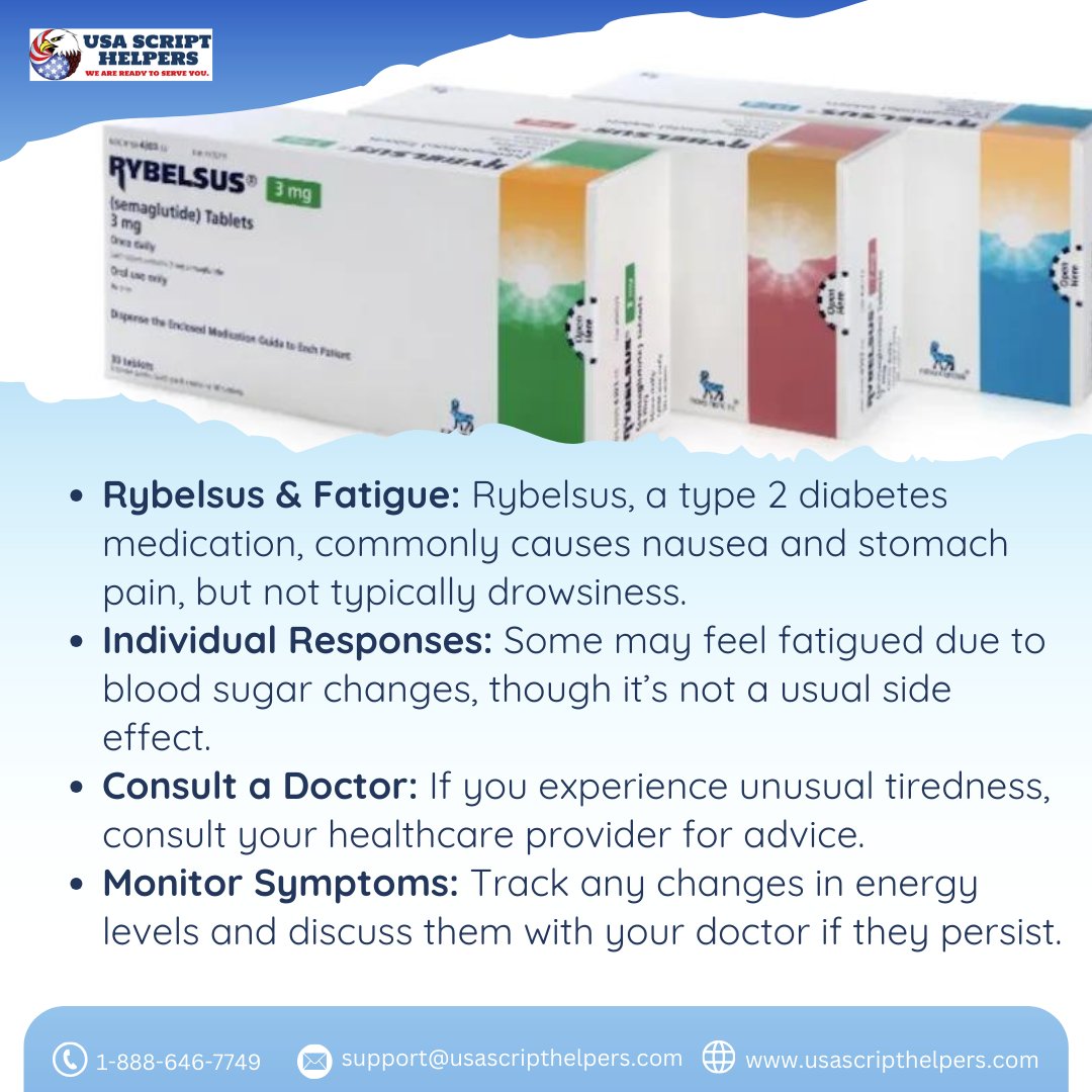 USAScriptHelper's tweet image. Wondering if Rybelsus might make you sleepy? While it's not a common side effect, some may feel fatigued. If you're noticing unusual tiredness, it’s best to consult your doctor. Stay informed, stay healthy!.
#usascripthelpers #Rybelsus #rybelsusjourney #diabetesawareness