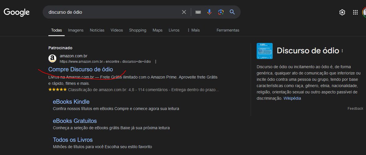 ObrGerson's tweet photo. Amazon Vendendo Discurso de Ódio?
Vi um post sobre o tema e decidi colocar no google para ver a definição geral, enquanto lia, me assustei ao ver o link patrocinado da Amazon.
Querida @amazonbrasil , cabe um ajuste no filtro. https://t.co/VevVAbm1yS