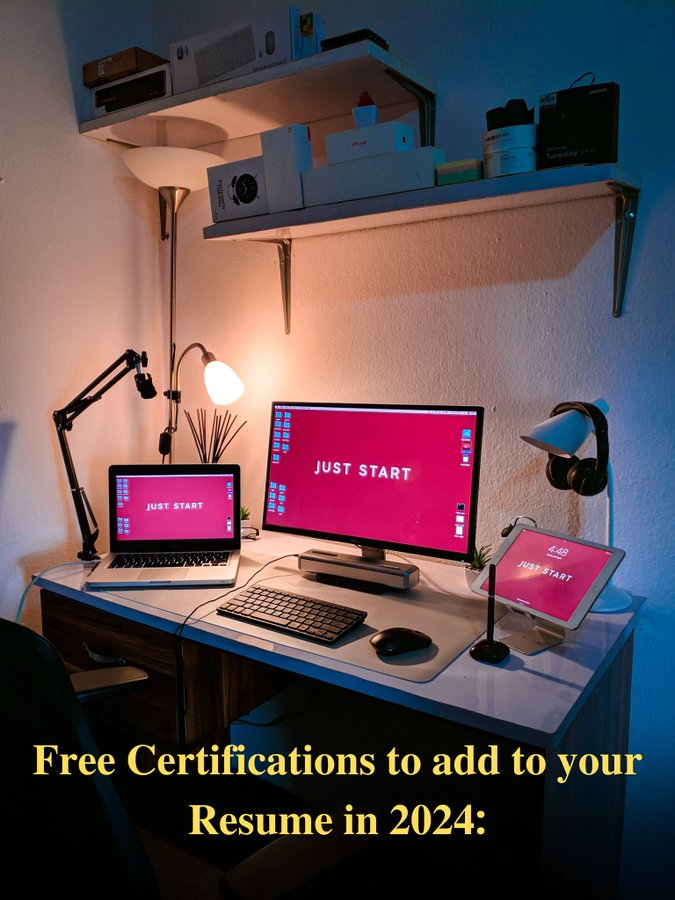𝐅𝐫𝐞𝐞 𝐂𝐞𝐫𝐭𝐢𝐟𝐢𝐜𝐚𝐭𝐢𝐨𝐧𝐬 𝐭𝐨 𝐚𝐝𝐝 𝐭𝐨 𝐲𝐨𝐮𝐫 𝐑𝐞𝐬𝐮𝐦𝐞 𝐢𝐧 𝟐𝟎𝟐𝟒:

1. Data Science: 
mylearn.oracle.com/ou/learning-pa…

2. React: 
hackerrank.com/skills-verific…

3. Angular: 
hackerrank.com/skills-verific…

4. SEO: 
academy.hubspot.com/courses/seo-tr…

5. Digital Marketing from Google: