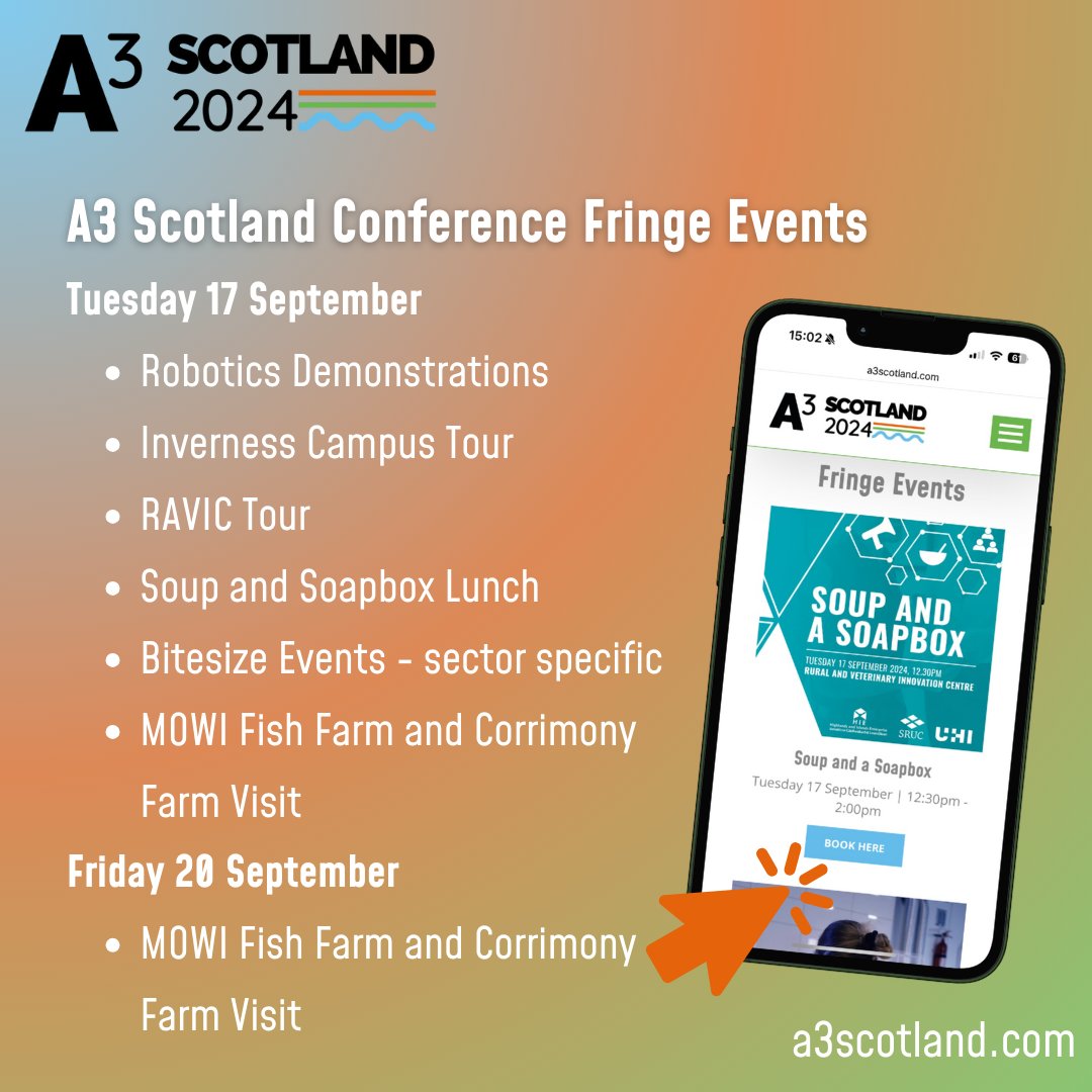 Have you booked your fringe events? 🎟️

👀Would you like to attend a robotics demonstration or a tour of the Inverness or RAVIC campus? Or maybe one of the sector specific bitesize events? 

📲Spaces are limited so book now via the website - a3scotland.com/registration