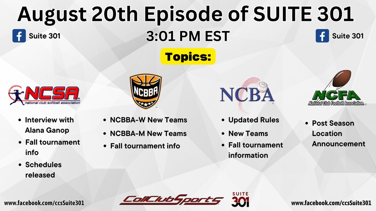 🚨SUITE 301 TODAY🚨       

Make sure to go like the Suite 301 Facebook page (facebook.com/ccsSuite301) so that you can enjoy the show starting @ 3:01 PM EST!