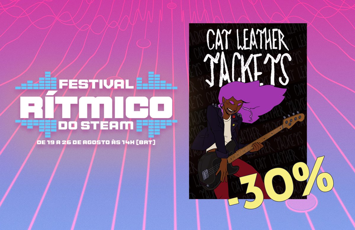 garoastudios's tweet photo. Nosso Guitar Hero brasileiro de ska punk está com descontão no Festival Rítmico do Steam, até dia 26/08! 

Dá uma chance pro Cat Leather Jackets 🎸🐱, selecionado na gamescom latam, SBGames, Festival Ecrã e outros! 👉 
https://t.co/BC8g2Qruep https://t.co/ermXZAtB9h