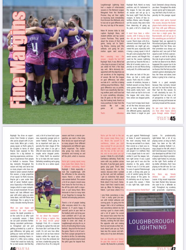 Fine Margins! 🔝 of the league <a href="/Lightningfootbl/">Loughborough Lightning Football</a> ⚡️ are in the latest issue of @womensfootiemag - and here’s the first couple of pages of my interview with club captain <a href="/KayleighMHines/">Kayleigh Hines</a> and prolific striker <a href="/LaurenPurchase3/">Lauren Purchase</a> ⚽️ who have started this <a href="/FAWNL/">FA Women's National League</a> season like a rocket 🚀