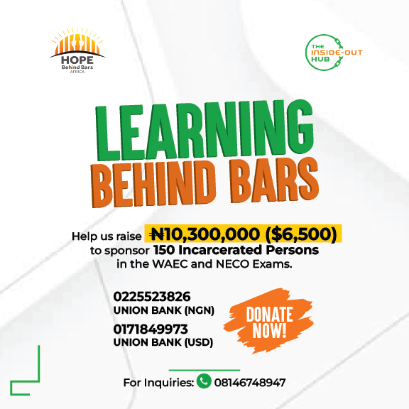 insideouthub_'s tweet photo. Today we are launching the #LearningBehindBars Campaign, an initiative of @insideouthub_ to sponsor 150 Incarcerated Persons for the WAEC and NECO exams.
Join us to raise 10 Million Naira to provide education to Indigent persons in Suleja and Kuje Correctional Centres. (1) https://t.co/xRliO1pTHD