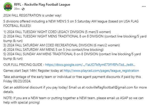 PlayRFFL's tweet photo. 2024 FALL REGISTRATION is underway!
Sign up today! https://t.co/WRWFmm8y6W