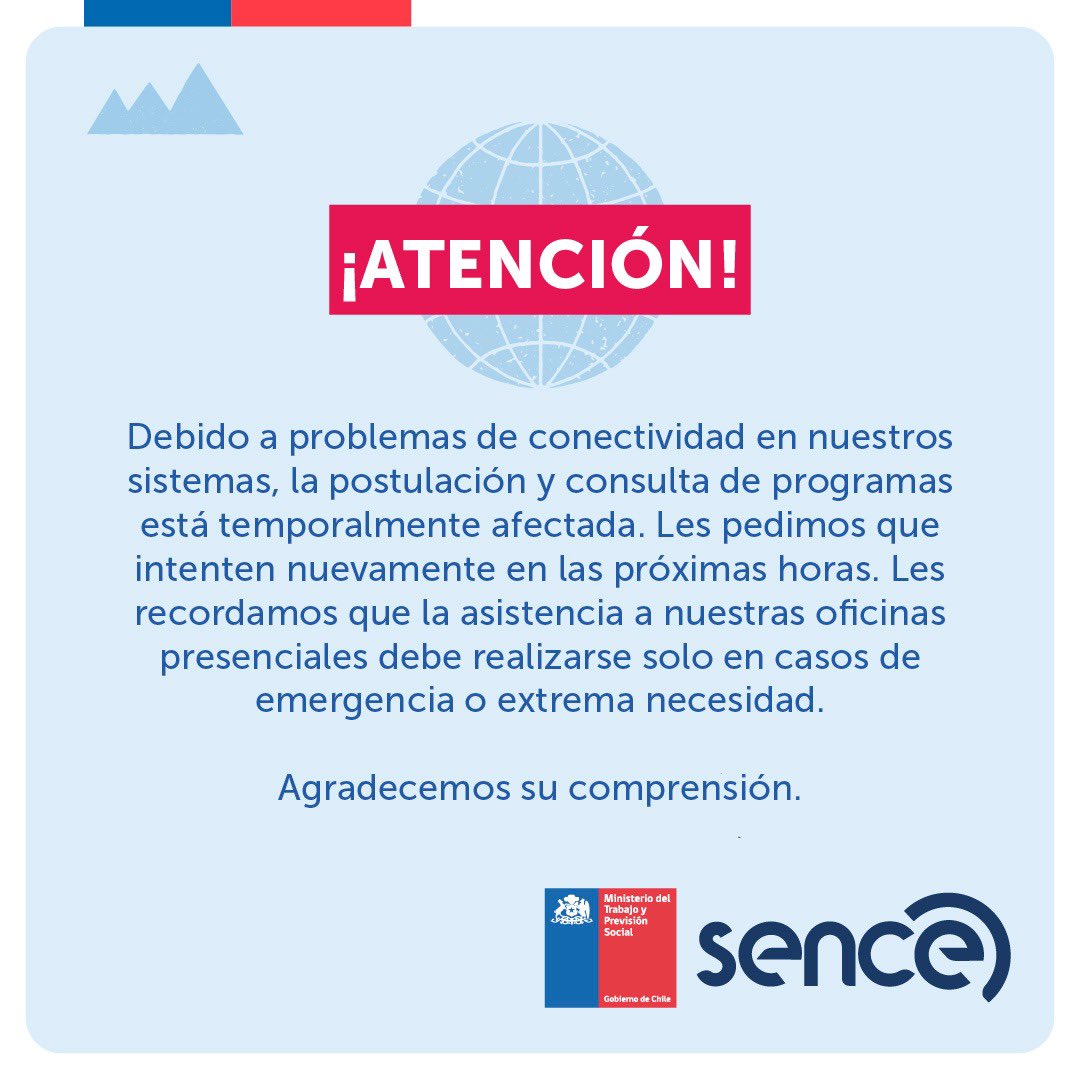 🔴 Aviso Importante:
Debido a problemas de conectividad, nuestras plataformas de postulación y consulta de programas están temporalmente fuera de servicio. Les pedimos intentar nuevamente en las próximas horas. 
¡Gracias por su comprensión!