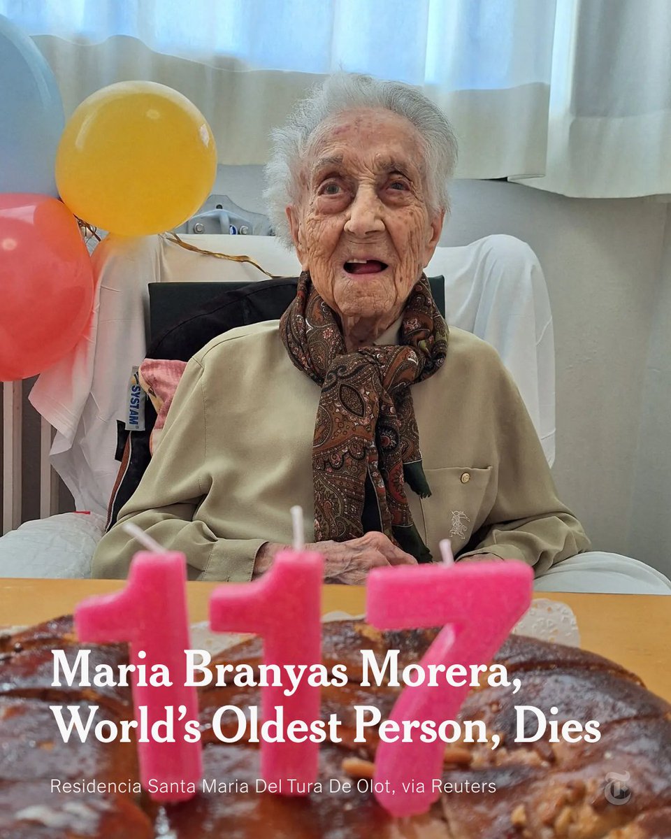 nytimes's tweet photo. Maria Branyas Morera, an American-born Spanish woman believed to be the oldest person in the world, has died, her family said. She was 117. “One day I don’t know, but it’s very close, this long journey will be over,” she told her family days ago. https://t.co/eDYdK9Ccsn https://t.co/UMx4ywlKpF