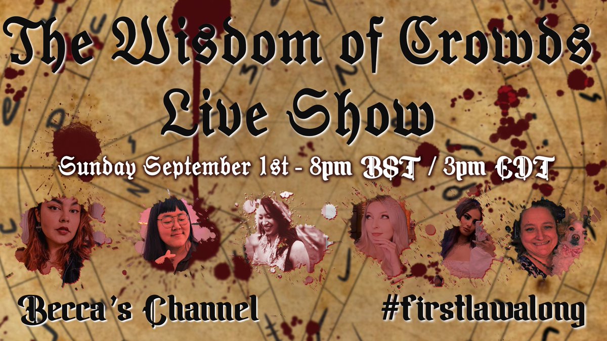 Catch Up Book Club (@catchupbookclub) on Twitter photo Buckle up guys for our FINAL (!!!) #firstlawalong discussion for The Wisdom of Crowds.
On <a href="/theumbramortis/">Becca & The Books 📚</a> channel 8pm BST/ 3pm EDT September 1st ⚔️
Don’t forget to stay til the end if you want to be the 1st to know what series we’ll be tackling next 😉
youtube.com/live/OKqdw4t4q… Buckle up guys for our FINAL (!!!) #firstlawalong discussion for The Wisdom of Crowds.
On <a href="/theumbramortis/">Becca & The Books 📚</a> channel 8pm BST/ 3pm EDT September 1st ⚔️
Don’t forget to stay til the end if you want to be the 1st to know what series we’ll be tackling next 😉
youtube.com/live/OKqdw4t4q…