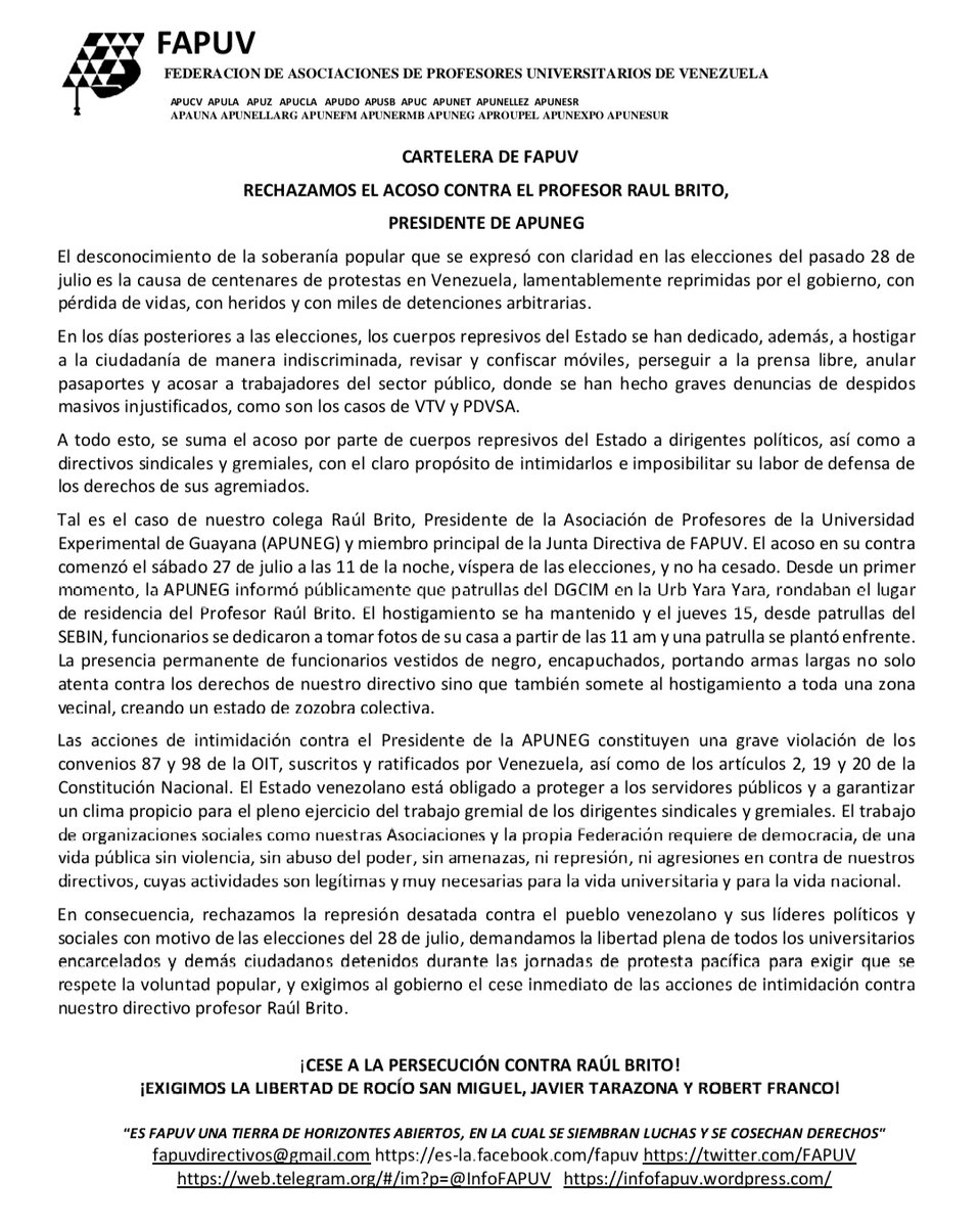 FAPUV's tweet image. Exigimos el cese inmediato al acoso contra el profesor Raúl Brito, presidente de APUNEG y miembro principal de la junta directiva de nuestra federación.