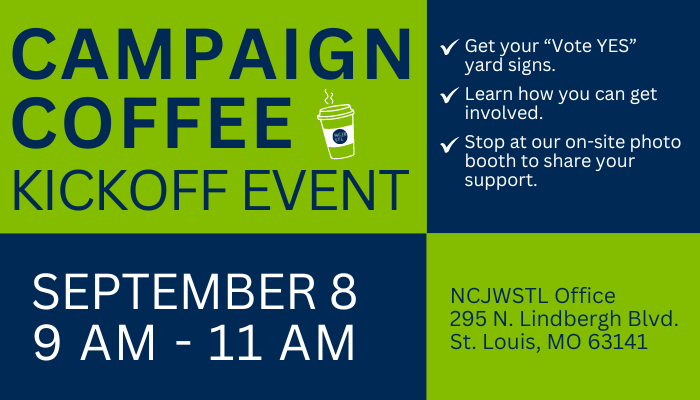 NCJWSTL's tweet photo. Join NCJWSTL’s Campaign Coffee Kickoff event to End the Abortion Ban.
We’ll be handing out yard signs to encourage "Vote Yes" on Amendment 3 and provide information on how you can get involved!
https://t.co/wGMUjdfYel
#EndTheBanMO #YesOn3 #ProtectOurRights #VoteMO https://t.co/lZp0cLW3nq