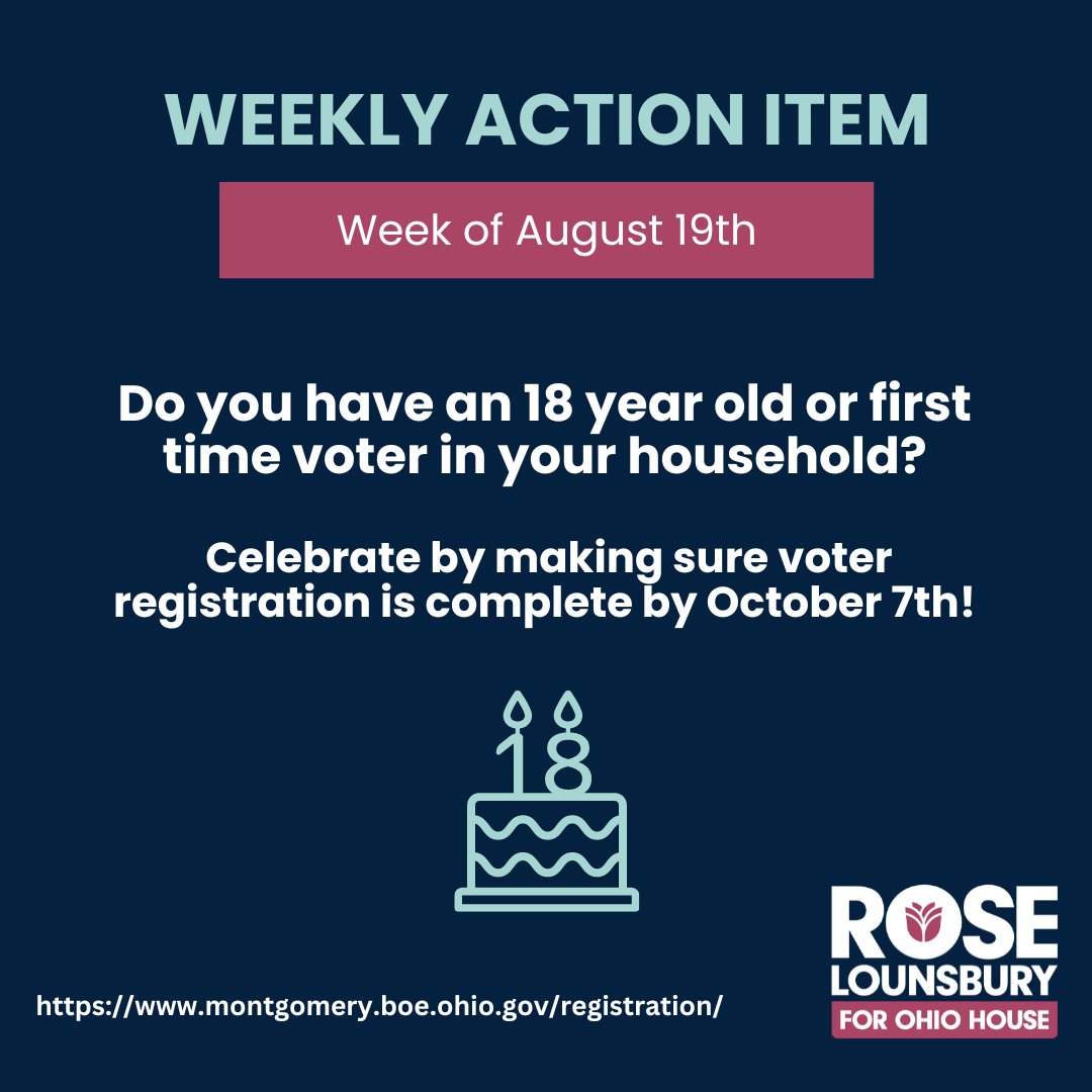 roseforohio's tweet photo. Any recent birthday celebrations or first time voters in your household? Make sure that they're registered before 10/7!
New voters, young people especially, can make all the difference in November's election. 
Check out the @MCBOE_OH website for the registration forms you need! https://t.co/yvXWG1G9b4