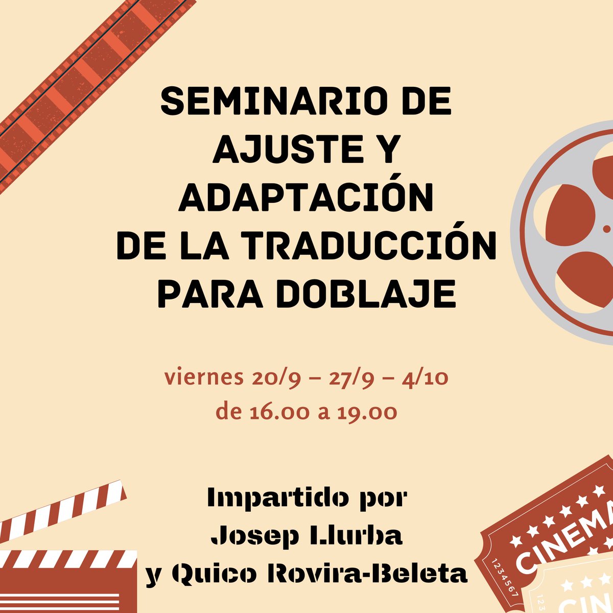 ATRAE (@atrae_org) on Twitter photo ¡Ya puedes inscribirte en el Seminario de ajuste y adaptación de la traducción para doblaje con Josep Llurba (<a href="/jllurba/">Josep Llurba Naval</a>) y Quico Rovira-Beleta (<a href="/quicorb/">Quico Rovira-Beleta</a>)!
📍 viernes 20, 27 de septiembre y 4 de octubre de 16:00 a 19:00
+ info e inscripción: atrae.org/seminario-de-a… ¡Ya puedes inscribirte en el Seminario de ajuste y adaptación de la traducción para doblaje con Josep Llurba (<a href="/jllurba/">Josep Llurba Naval</a>) y Quico Rovira-Beleta (<a href="/quicorb/">Quico Rovira-Beleta</a>)!
📍 viernes 20, 27 de septiembre y 4 de octubre de 16:00 a 19:00
+ info e inscripción: atrae.org/seminario-de-a…