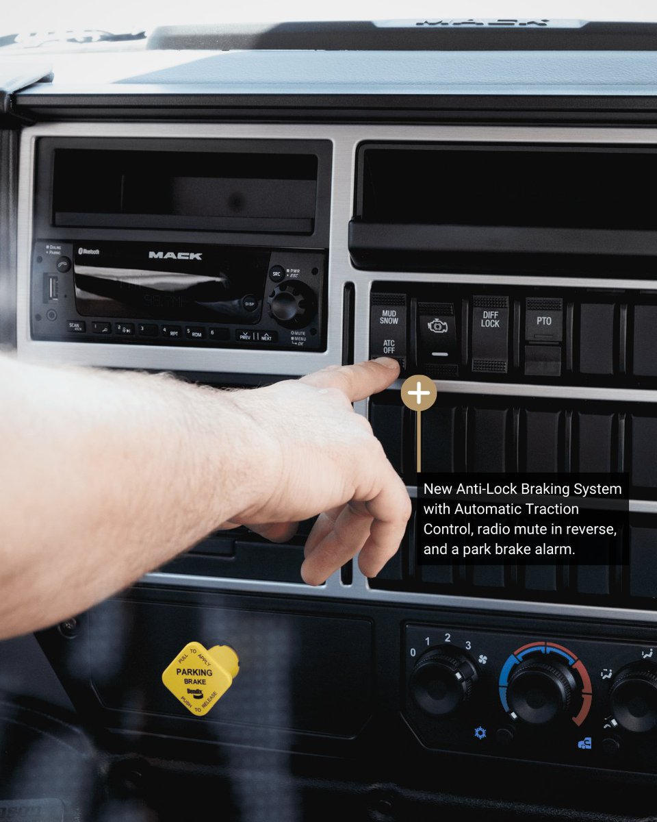 MackTrucks's tweet photo. The #MackMD Series got a big upgrade! π Now with extra legroom, a premium driverβs seat, and enhanced safety features like ABS with ATC, radio mute in reverse, and a park brake alarm. https://t.co/enamlUL5tS