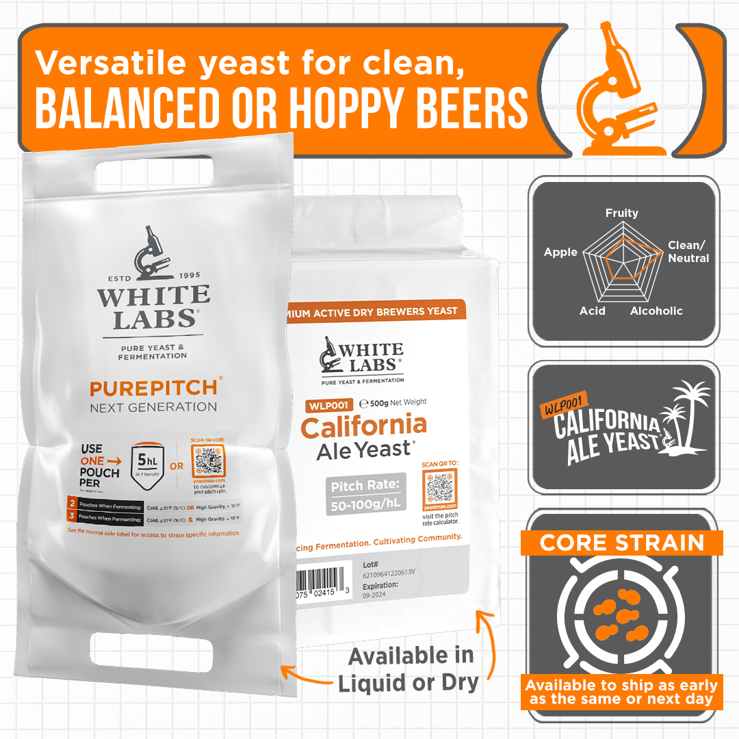 Cheers to being #1 (001 to be specific 😉)! The first yeast strain ever produced by White Labs in 1995, and our first ever dry yeast strain, California Ale Yeast reminds us of the simple joys of a well-balanced beer. 

 Available on Yeastman.com!
