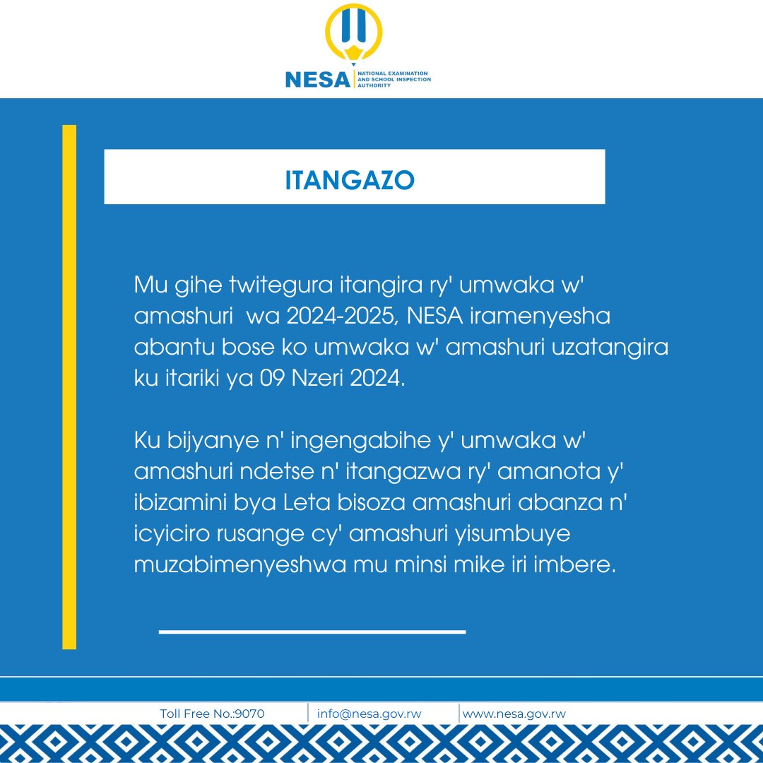 ITANGAZO RIJYANYE  N'ITANGIRA RY'UMWAKA W'AMASHURI  WA 2024/2025