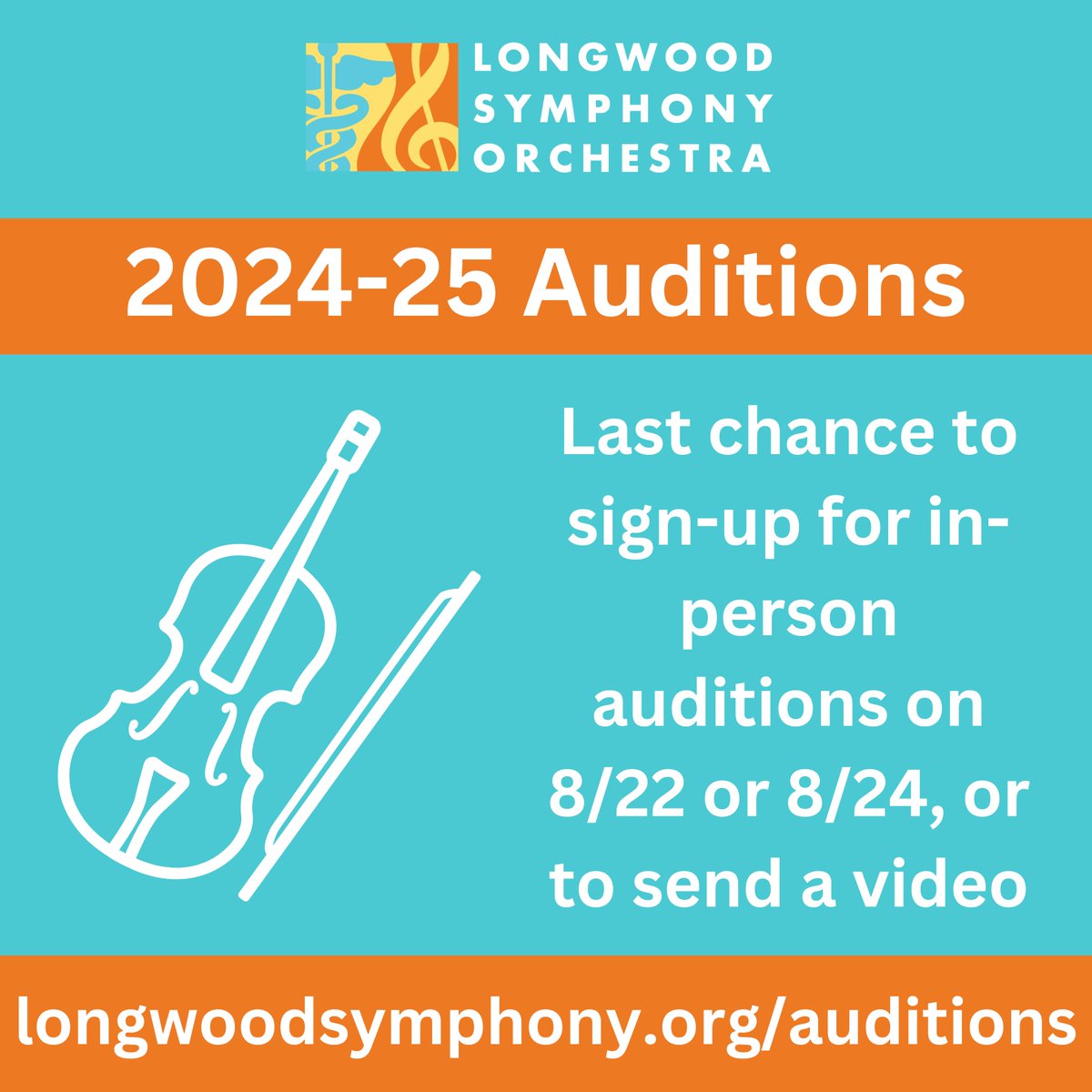 Last chance for this season's in-person auditions, or to send a video audition! To sign up and for more information, please visit longwoodsymphony.org/auditions